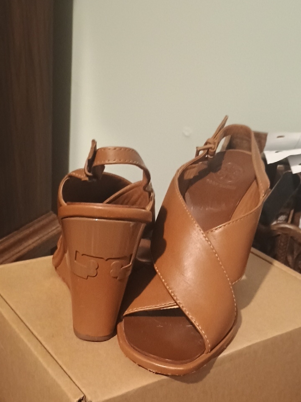 Tory Burch Cognac Leather Crisscross Wedge Sandals
